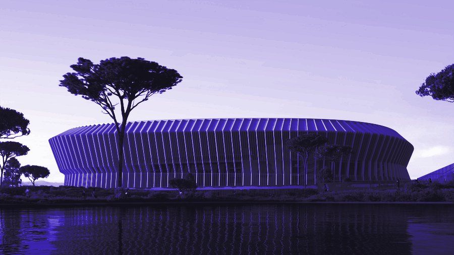 Rendering del nuovo stadio: il fronte lungo con la facciata a lamelle verticali, visto da uno specchio d'acqua tra i pini, in duotone violetto